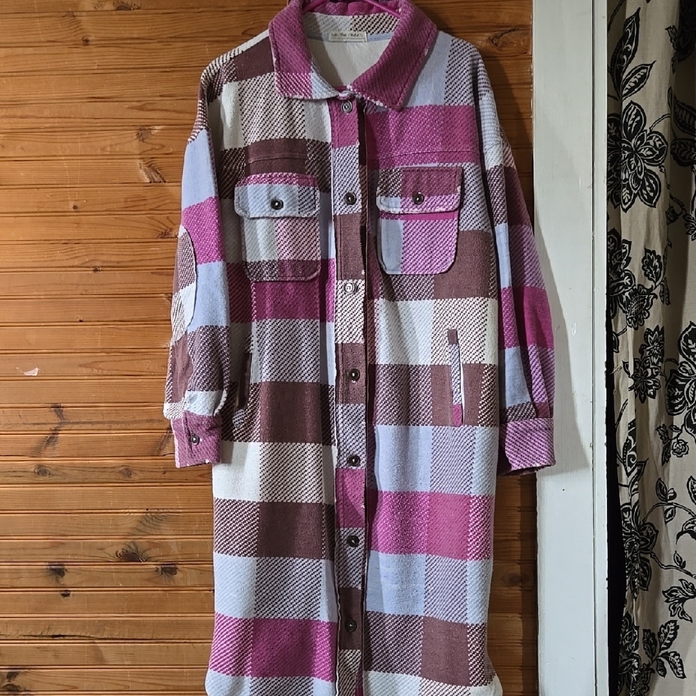 Free People Plaid Longline Ruby Shacket in Pink and Brown